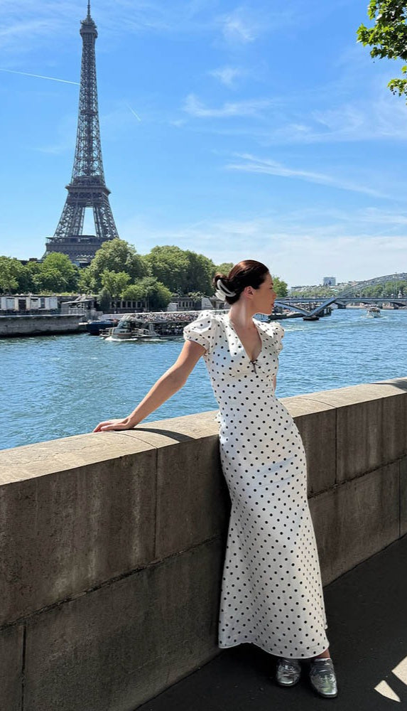 French Edition Style Polka Dot VNeck Bodycon Maxi Dress