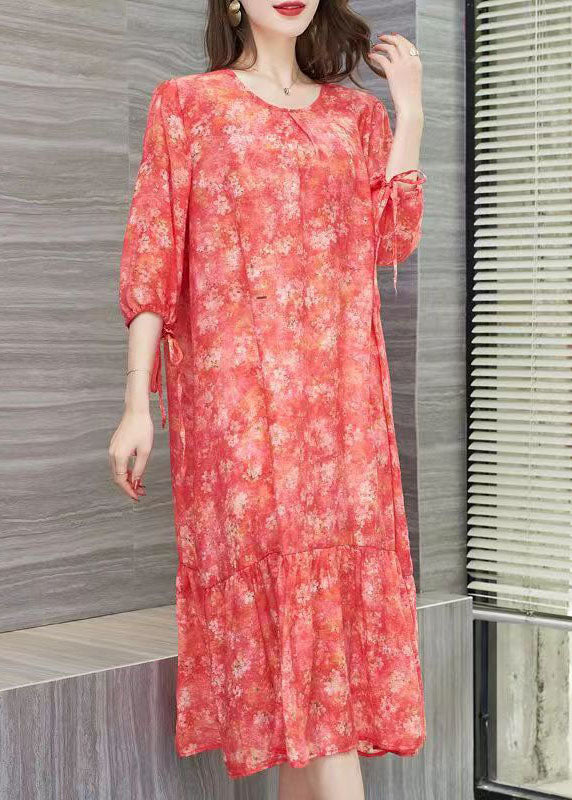 Floral Print Round Neck Tie Cuff Three Quarter Sleeve Tiered Ruffle Midi Dress