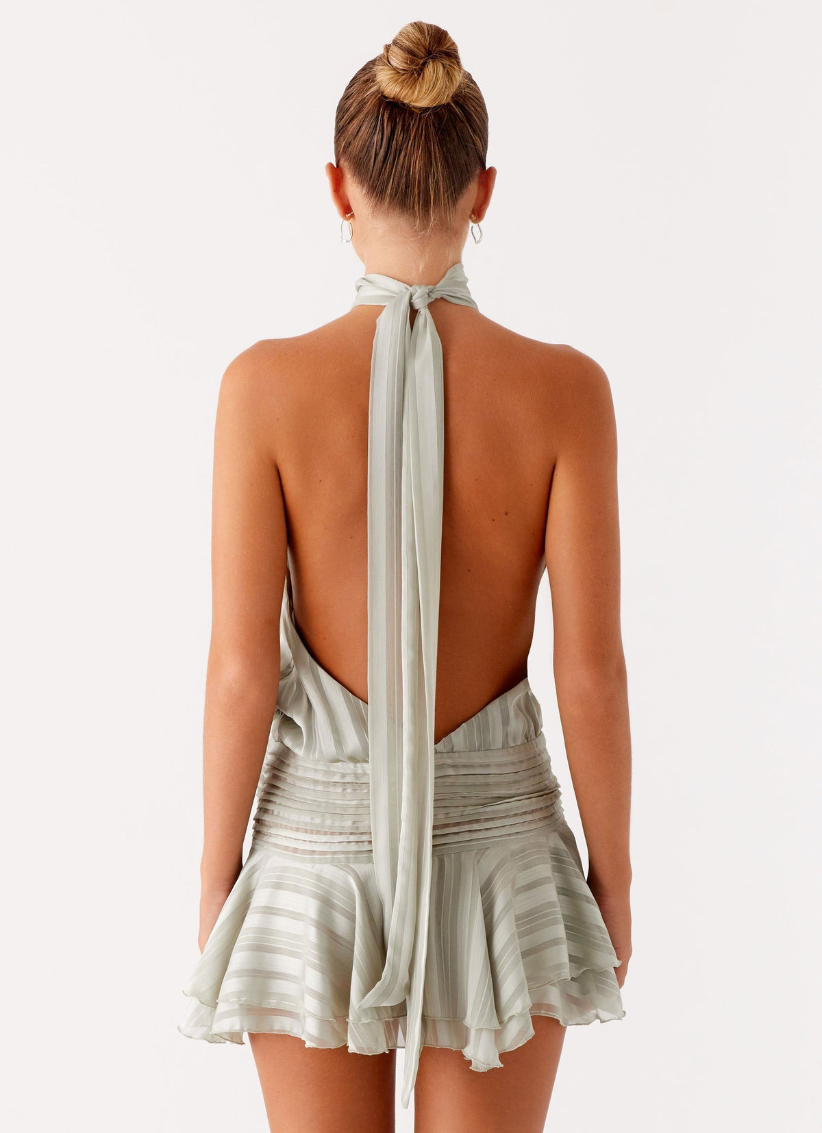 Halter High Neck Striped Chiffon Drop Waist Ruffle Mini Dress 5