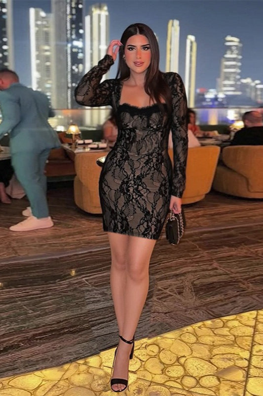 Lace Square Neck Long Sleeve Bodycon Mini Dress