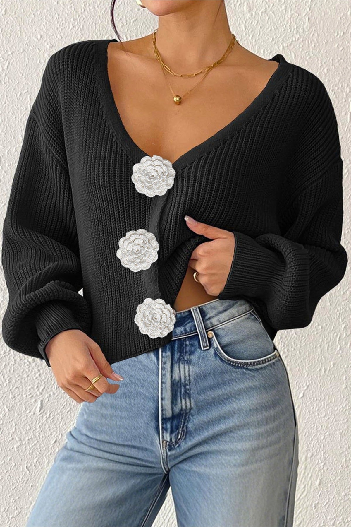 V-Neck Crochet Flower Button Front Ribbed Knit Cropped Cardigan 10