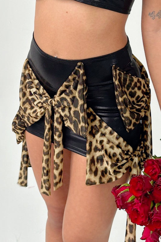 Faux Leather Leopard Print Tie Bow Front Mini Skirt 3
