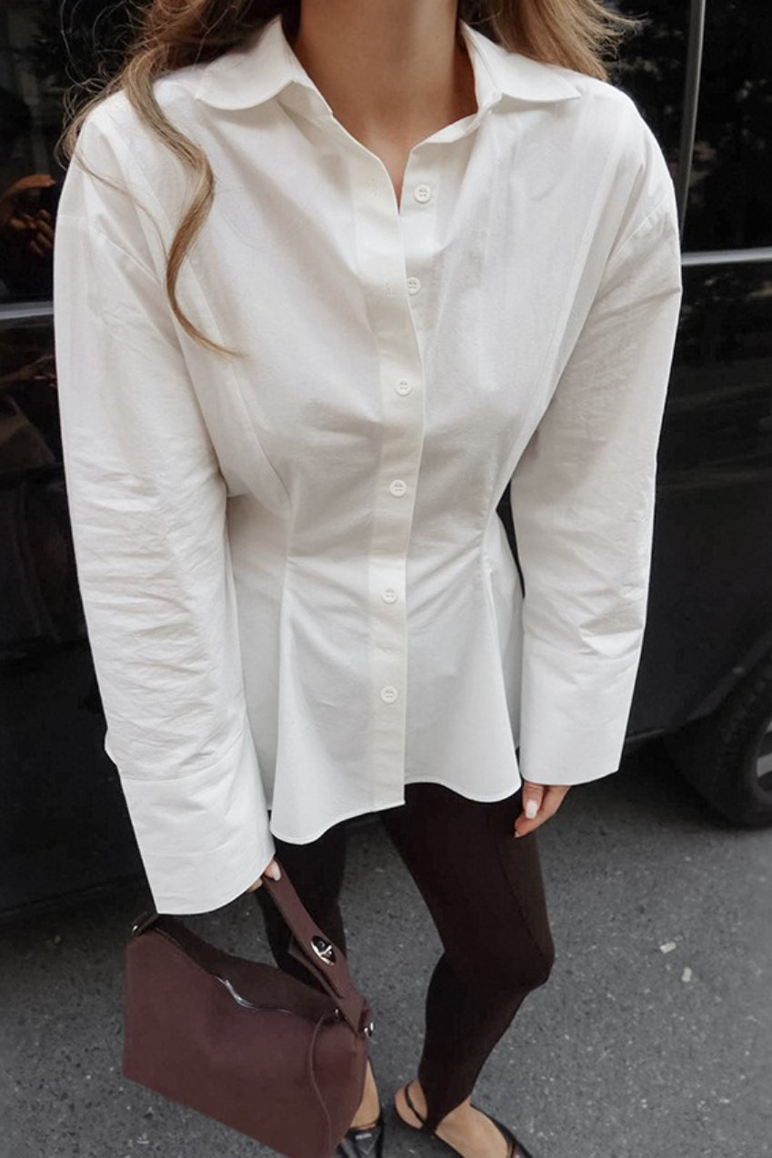 Collared Wide Cuff Darted Waist Longline Button Front Shirt 5