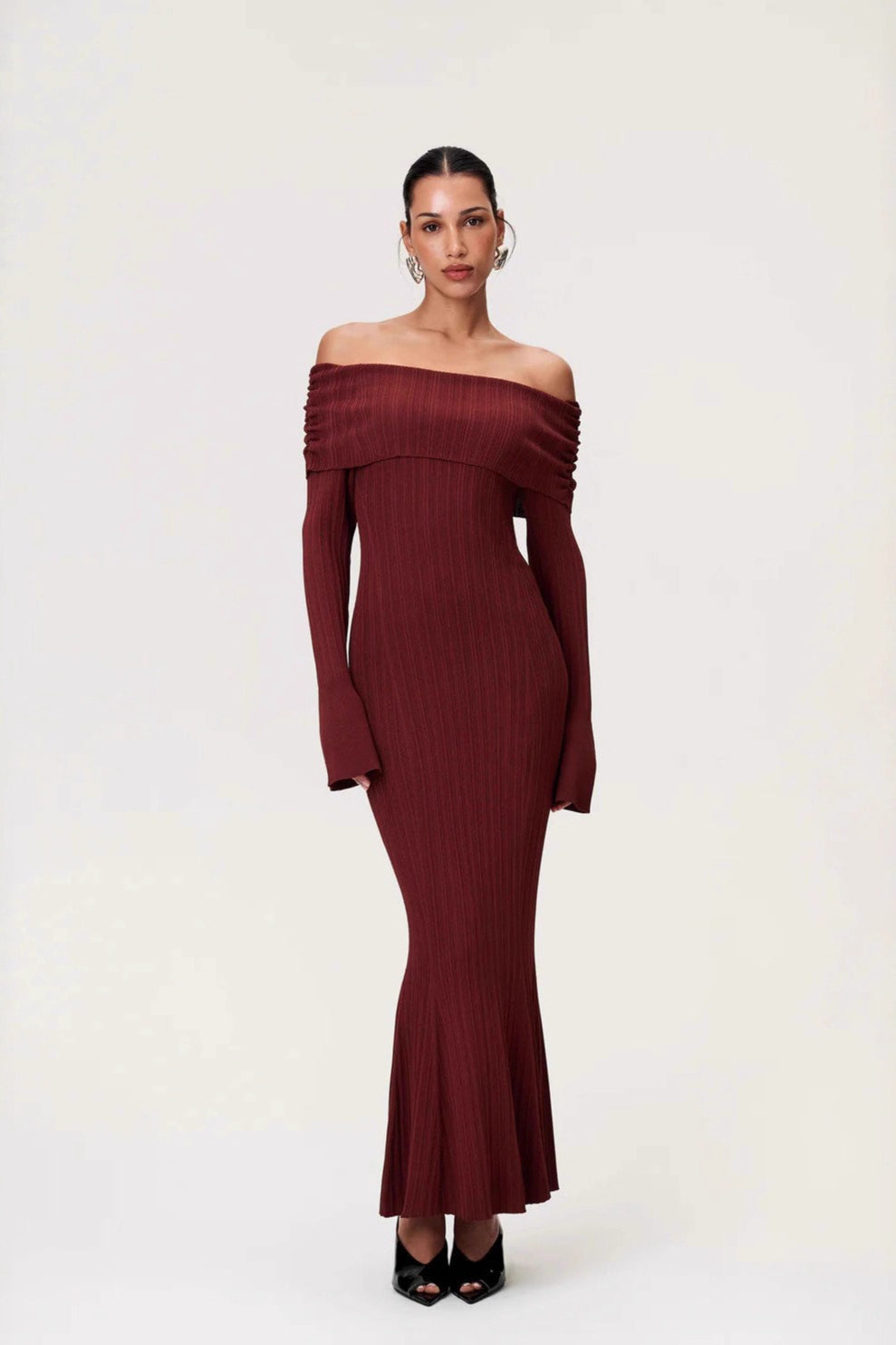 Solid Ruched OffShoulder Knit Bodycon Dress