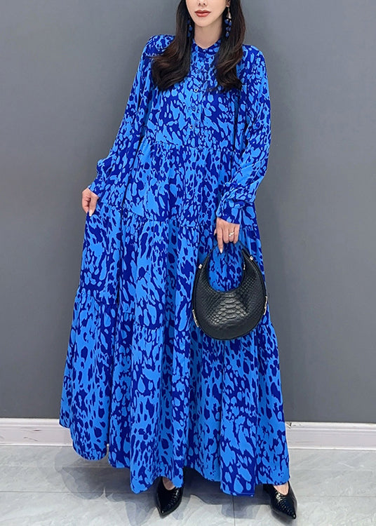 Abstract Print Mandarin Collar Button Front Tiered Long Sleeve Oversized Maxi Dress