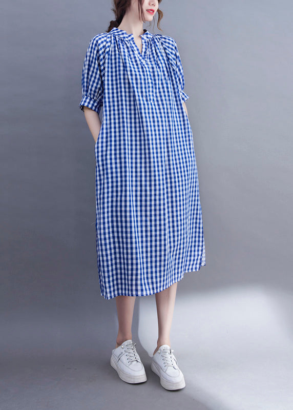 Gingham Check Mandarin Collar V-Neck Half Sleeve A-Line Midi Dress