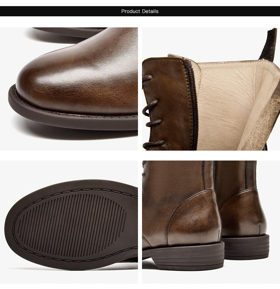 Ankle Boots Women Genuine Cow Leather Waxing Round Toe Lace Up Zip Fashion Motorcycle Female Shoes Handmade