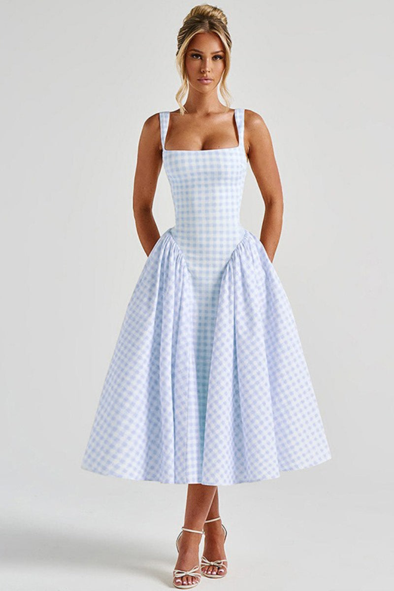 Plaid Square Neck Sleeveless Fit and Flare Midi Dress