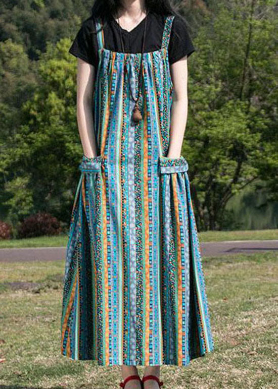 Folk Print Pocket Spaghetti Strap Oversized Maxi Pinafore Dress
