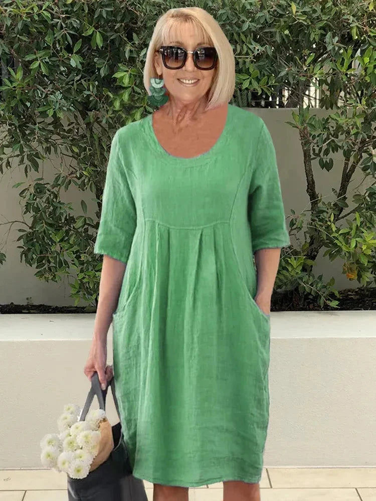 Linen Look Scoop Neck Pocket Knee Length Summer Shift Dress