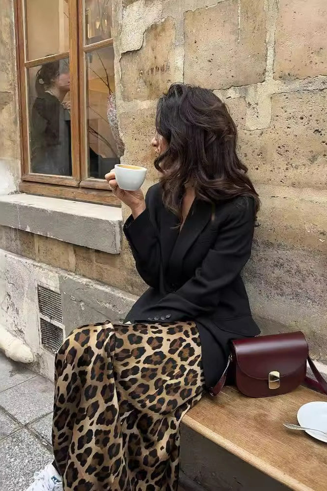 Leopard Print Draped Satin Flowy Midi Skirt