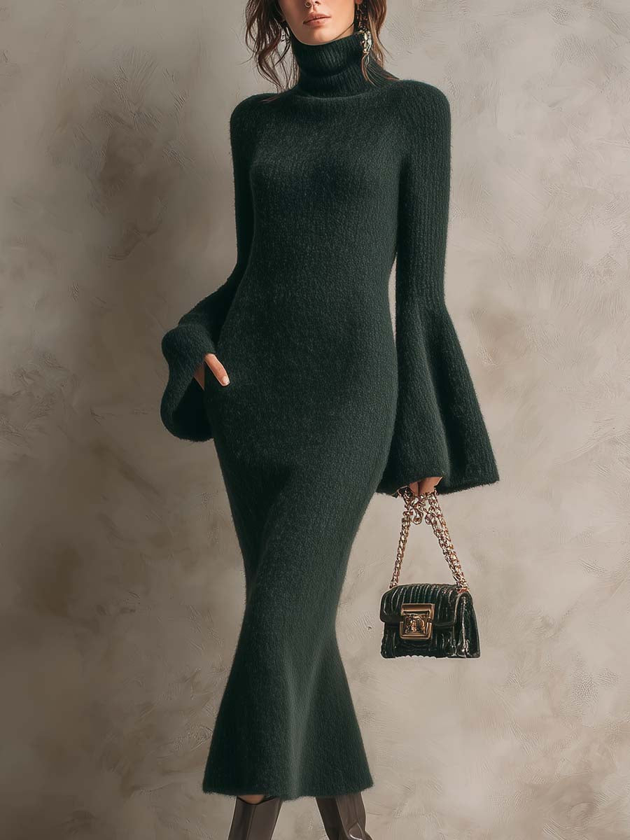 High-Neck Flare-Sleeve Knit Maxi Dress – Deep Forest Green