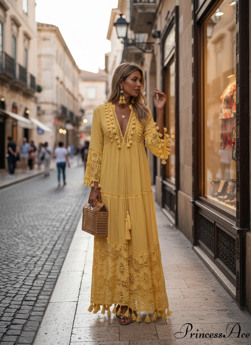 Deep V-Neck Tassel Trim Lace Insert Bell Sleeve Tiered Drawstring Dress