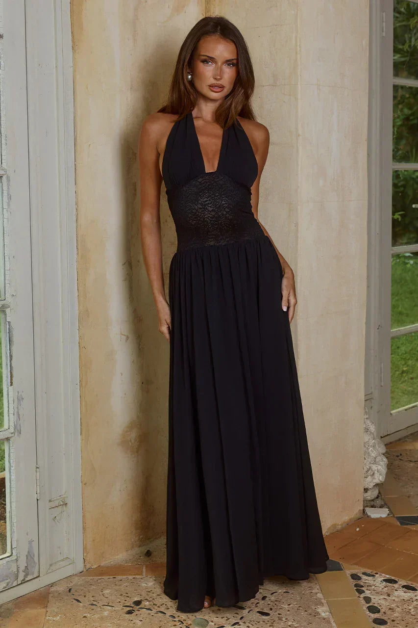 Plunge Halter Neck Lace Waist Panel Flowy Maxi Dress 3