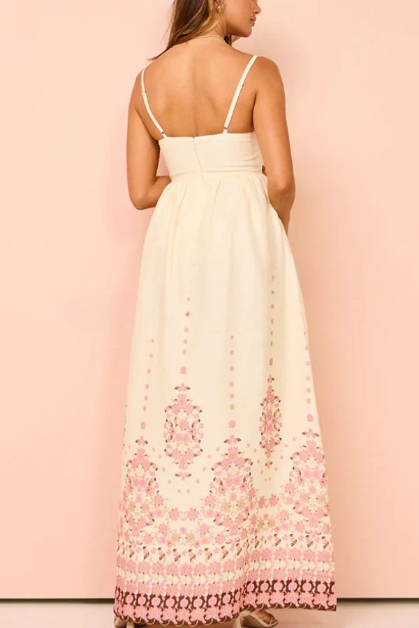 Wendy Elevated Paradise Flowers Linen Blend Unique Print Loose Maxi Dress with Straps and Pockets Statement Occasion Edit