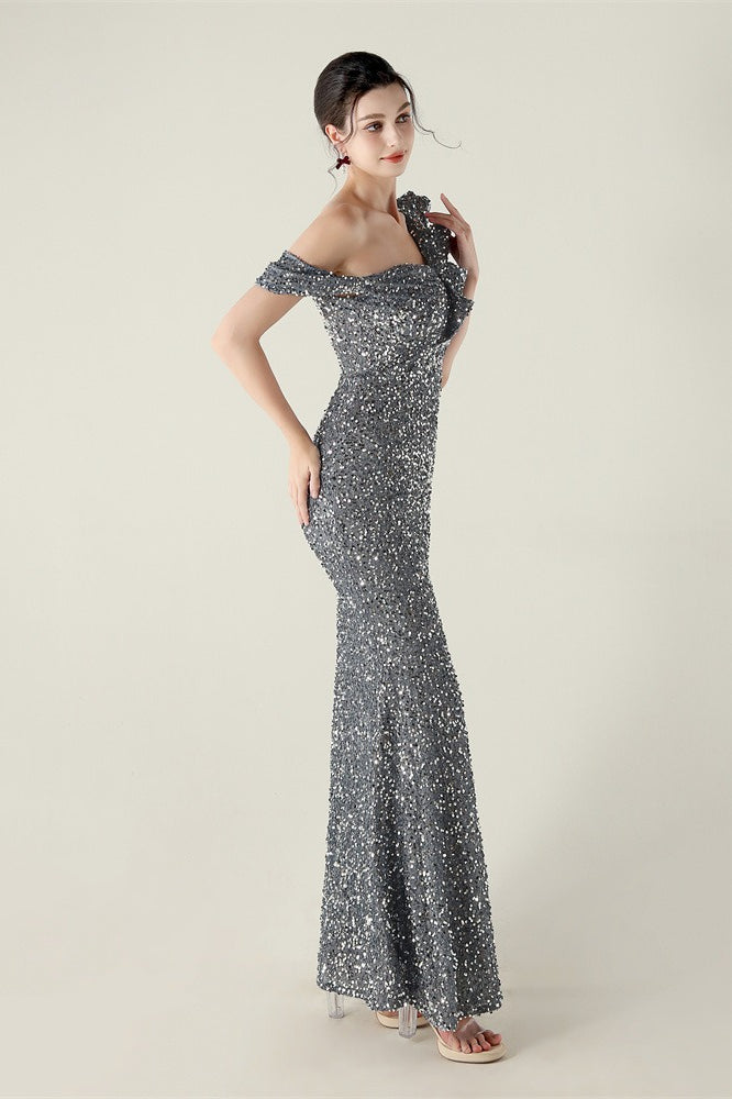 Sequin One Shoulder Ruffle High Split Mermaid Gown