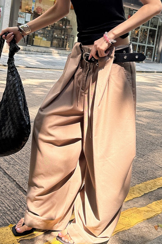 High Waist Pleated Drawstring Slouchy Wide Leg Trousers