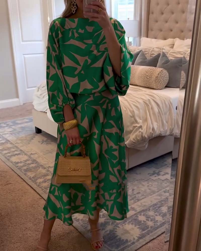 Abstract Print Lantern Sleeve Top and Midi Skirt Two Piece Set