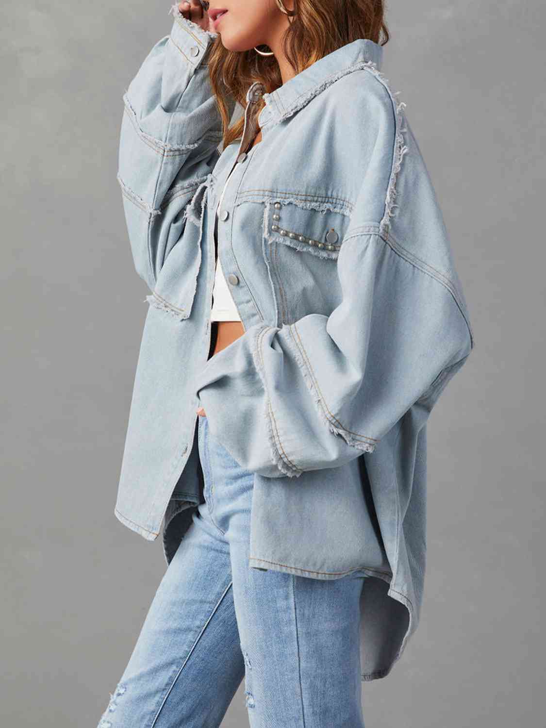 Oversized Raw Hem Button Front Long Sleeve High Low Denim Jacket 7