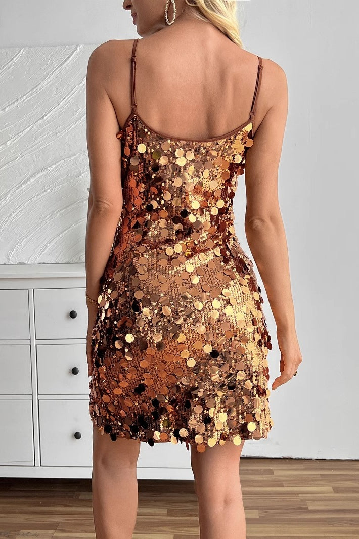 Large Sequin Deep V-Neck Spaghetti Strap Bodycon Mini Party Dress