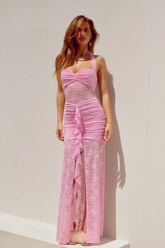 Halter-Neck Lace Sheer Mesh Ruched Dress