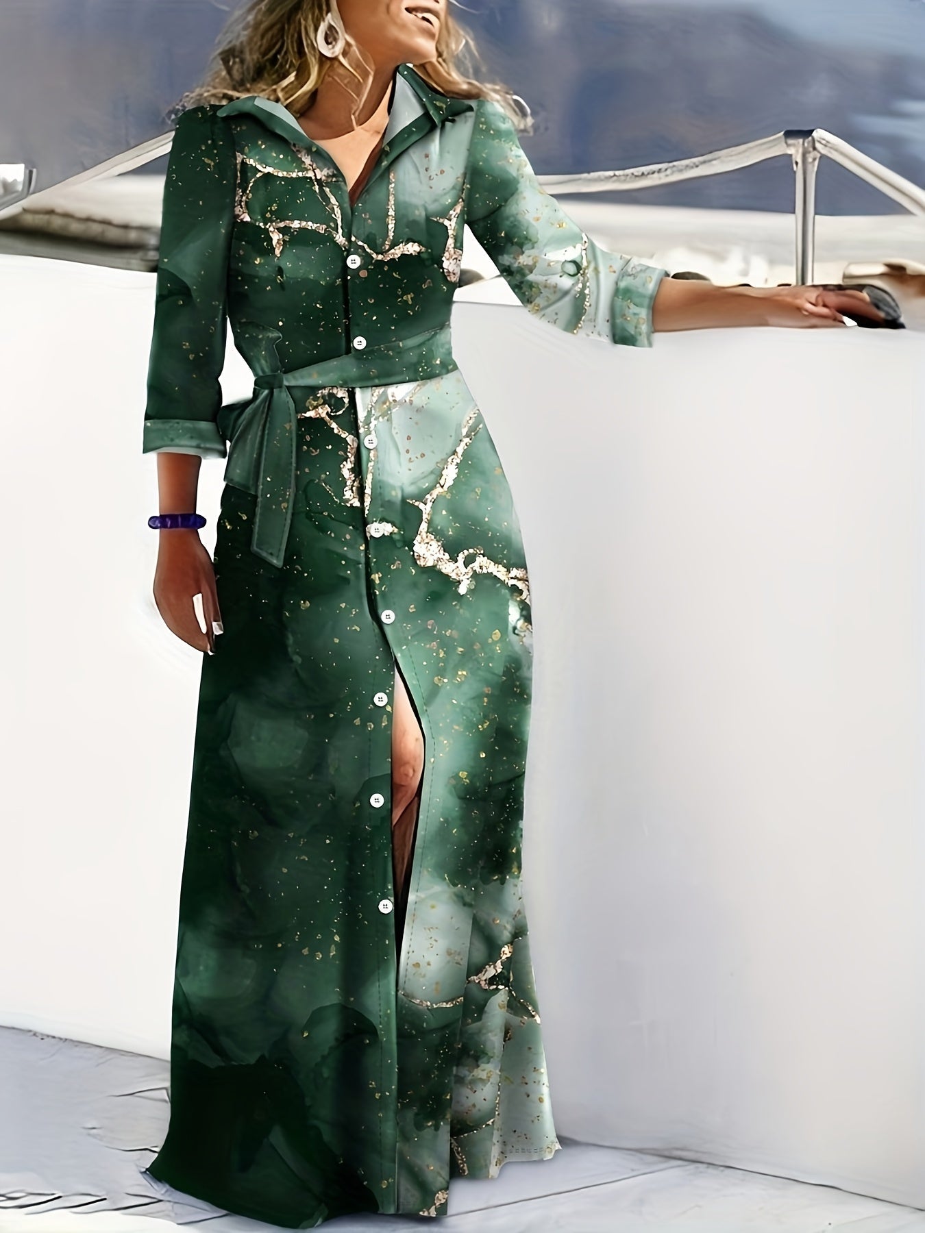 Button Down Tie Waist Long Sleeve Maxi Shirt Dress