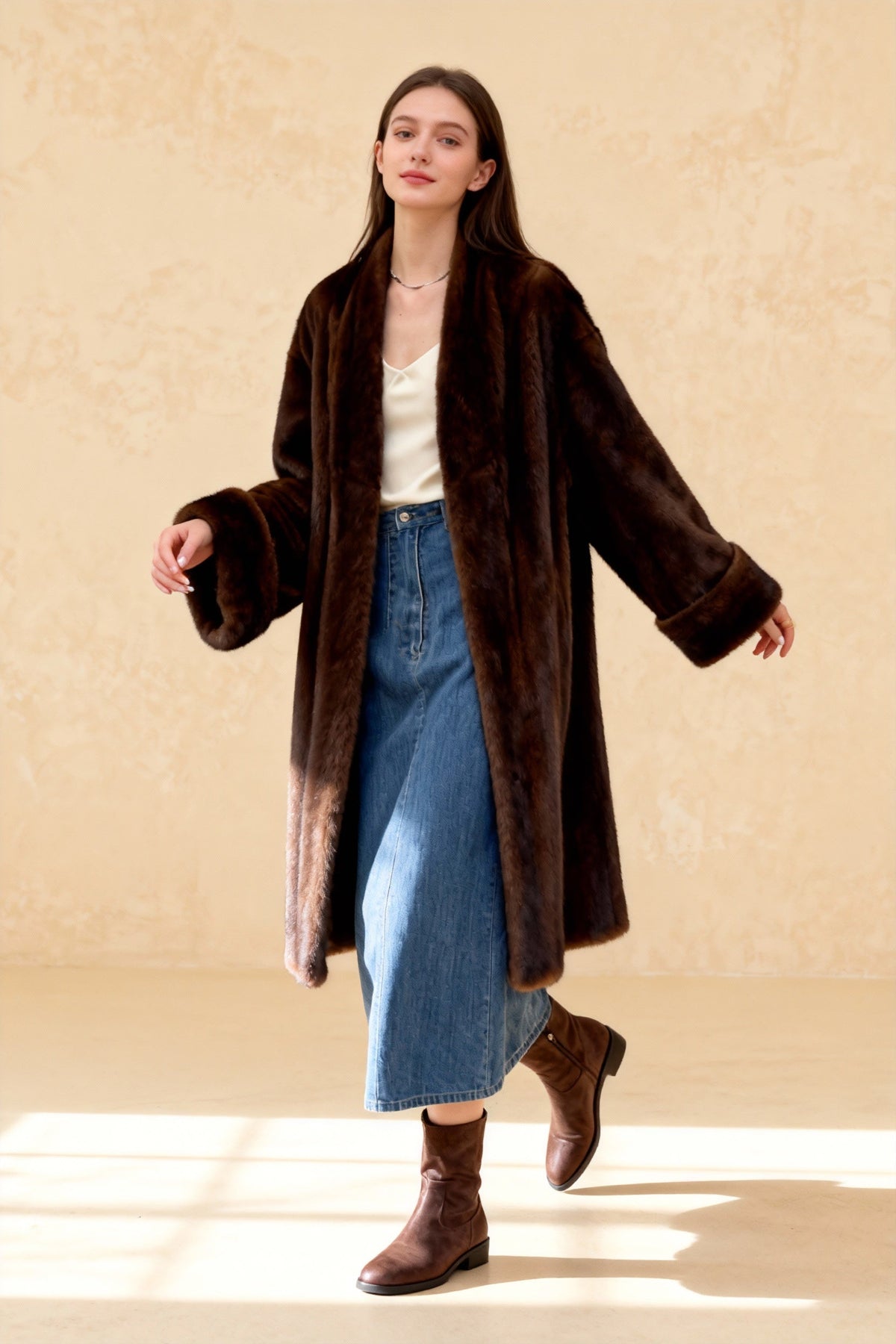 Faux Fur Shawl Collar Open Front Wide Cuff Longline Coat