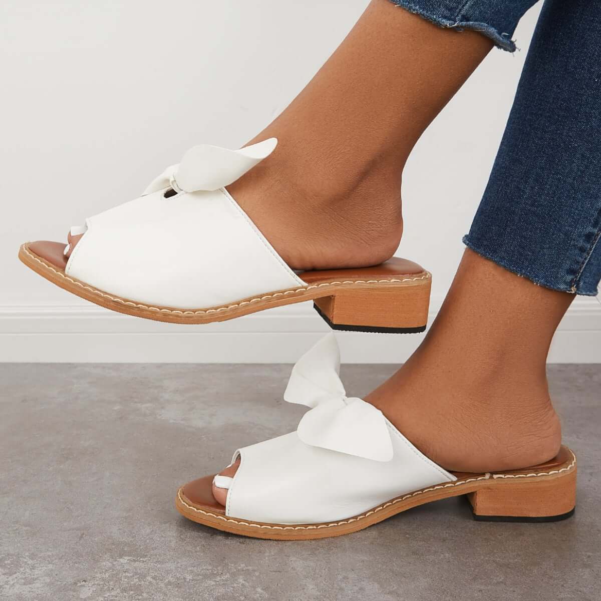 Womens Fashion Peep Toe Low Heel Bow Slippers