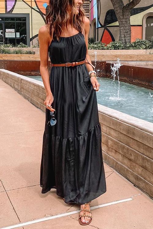 Spaghetti Strap V-Neck Tiered Ruffle Hem Maxi Dress