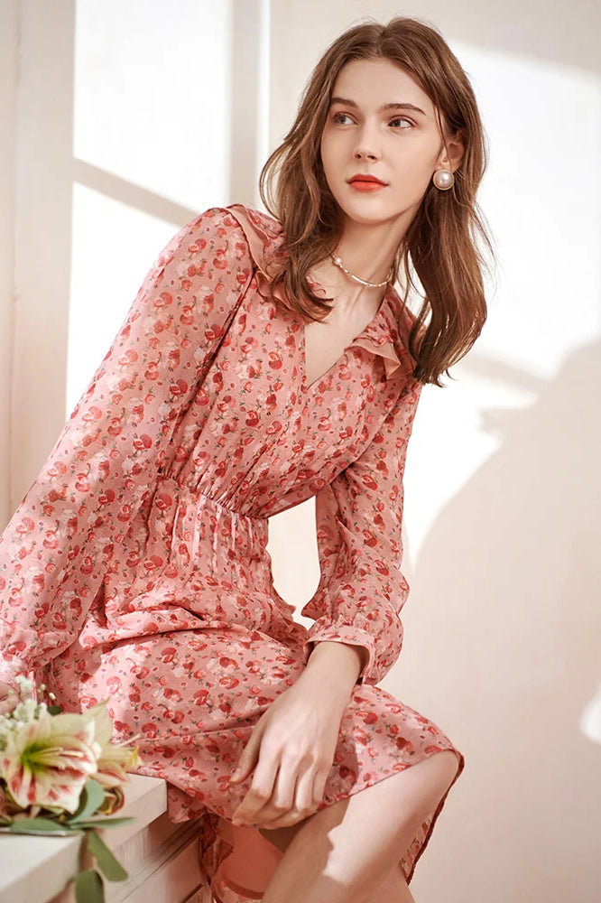 Floral Print Deep V-Neck Ruffle Trim Long Sleeve Fit and Flare Midi Dress