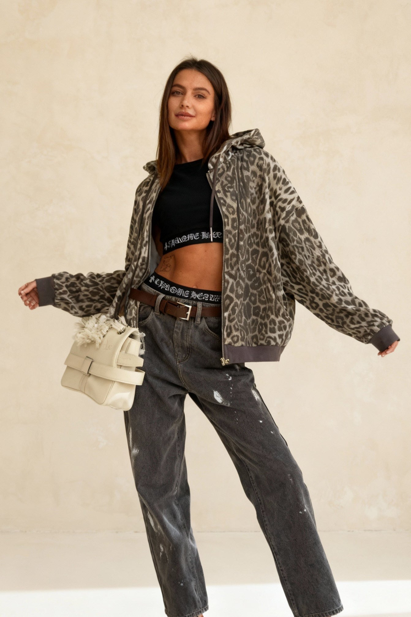 Leopard Print Zip Color-Block Hoodie