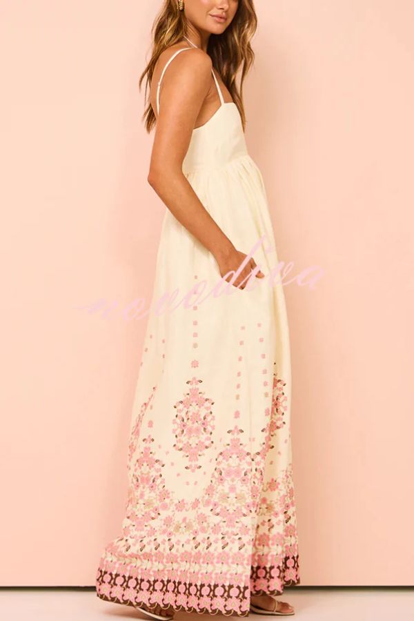 Linen Blend Floral Print Sleeveless A-Line Maxi Dress