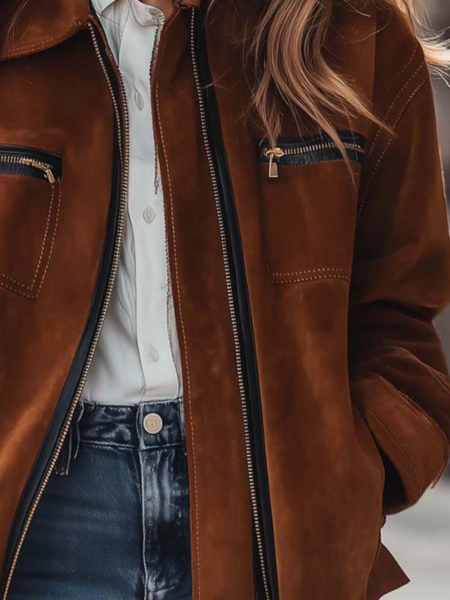 Caramel Microfiber Suede Zip-Up Jacket