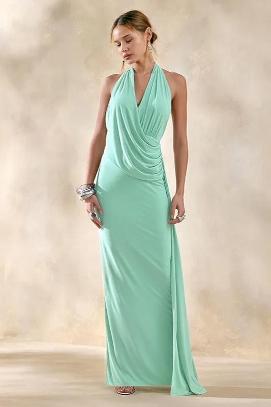 Halter Cowl Neck Ruched High Split Maxi Dress