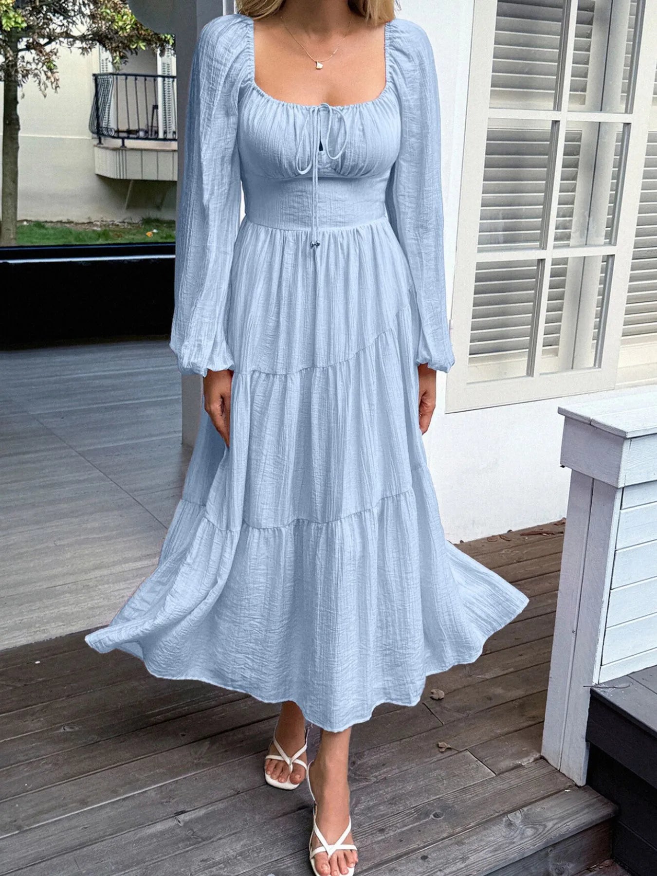 Tiered Balloon Sleeve Midi Dress – Elegant Long Sleeve Boho Dress for Women Blue