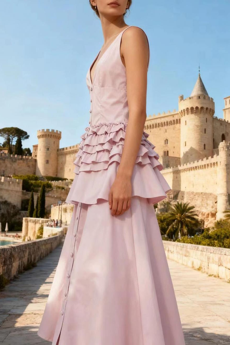Deep V-Neck Sleeveless Corset Tiered Fit and Flare Midi Dress