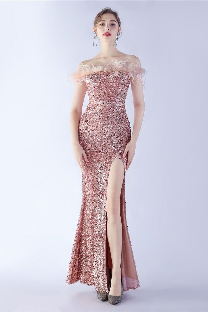 Sequin Off Shoulder Feather Trim High Split Mermaid Gown