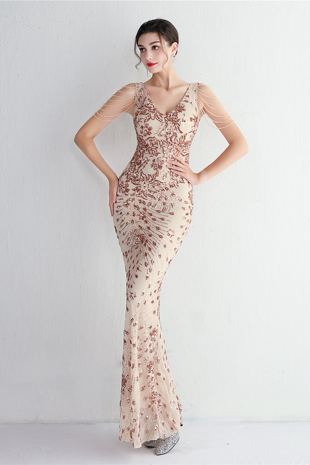 Sequin V-Neck Beaded Fringe Sleeve Mermaid Evening Gown