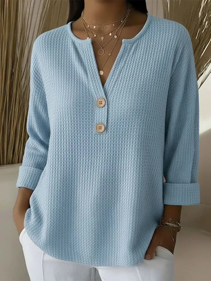 Notch Neck Waffle Knit Button Henley Top