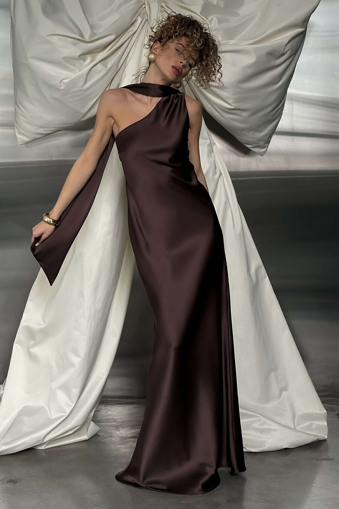 Satin Mock Neck Sash Tie Sleeveless Column Maxi Gown