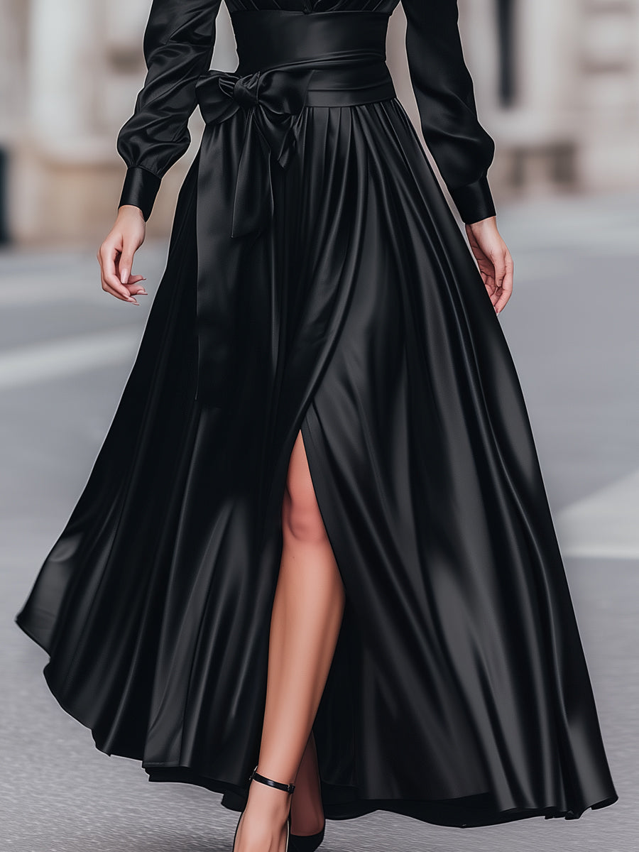 Deep V-Neck Collared Long-Sleeves A-Line Evening Dress Pleated Satin Formal Gowns with Slit