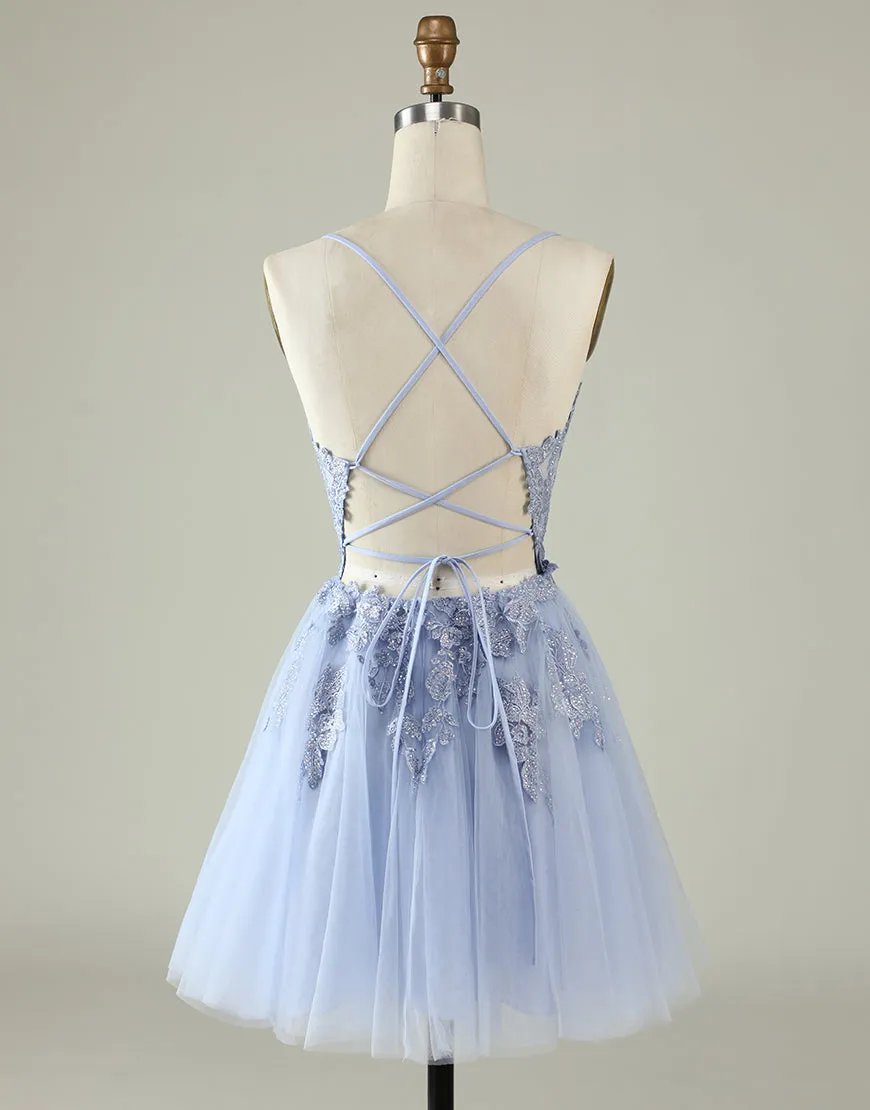 Spaghetti Straps Tulle Appliques Short Backless Prom Dress Party Dress cc1778