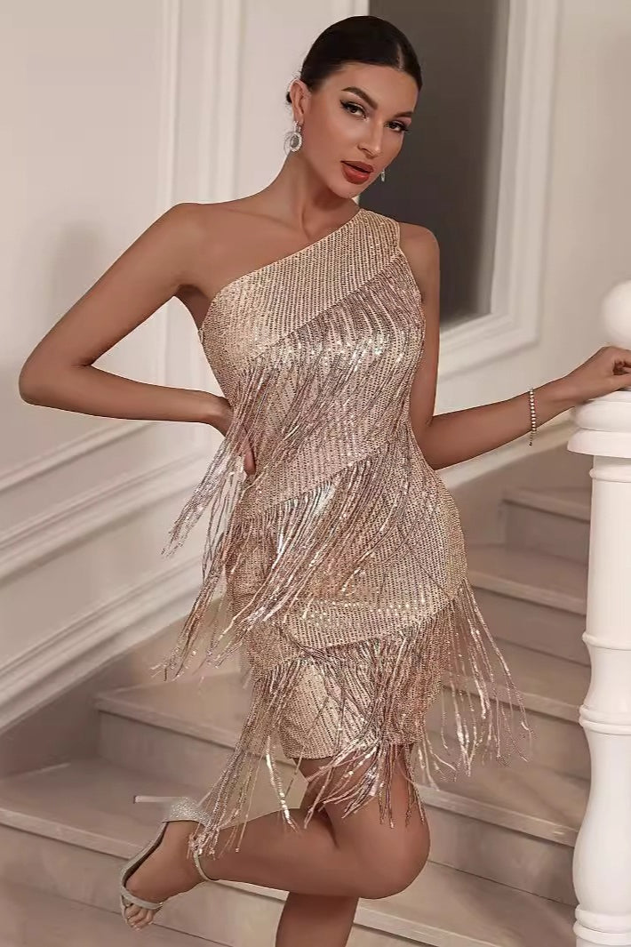 Sequin One Shoulder Tassel Fringe Bodycon Mini Cocktail Dress