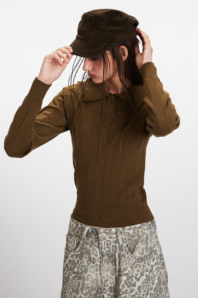 Ribbed Polo Neck Cropped Knit Top