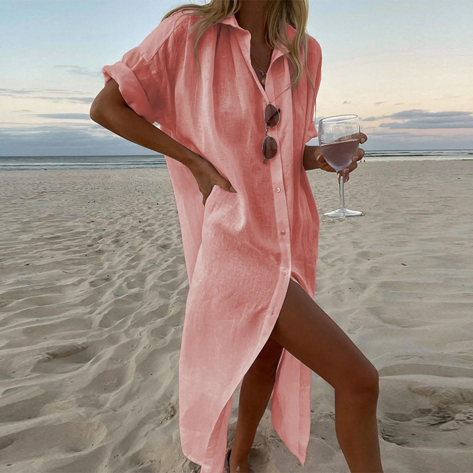 Linen Oversized Button Front Side Slit Maxi Shirt Dress
