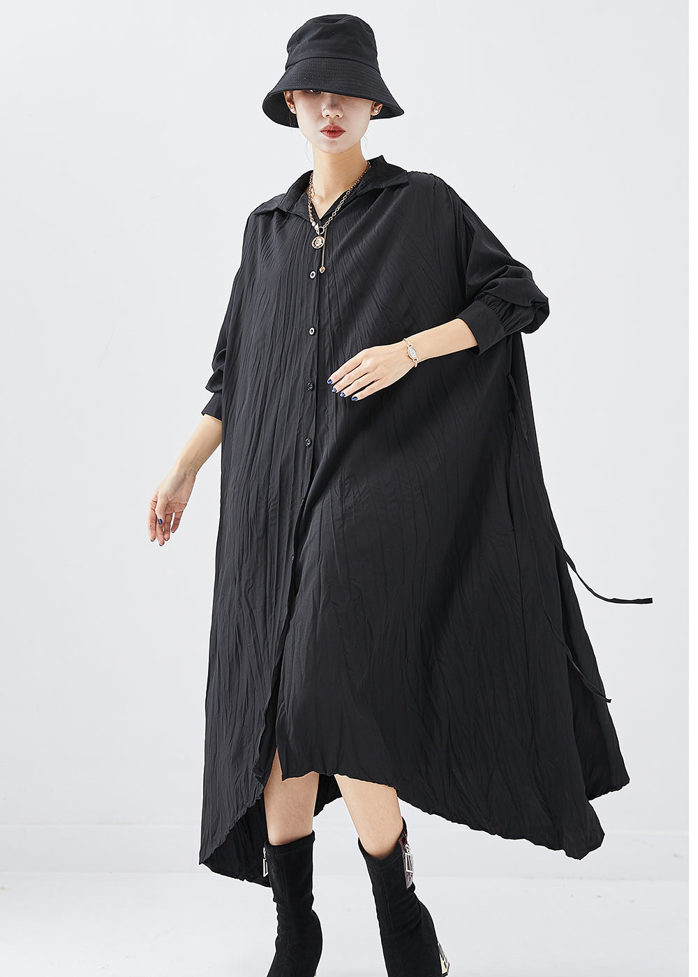 Crinkle Texture Collar Button Down Long Sleeve Asymmetrical Hem Shirt Dress