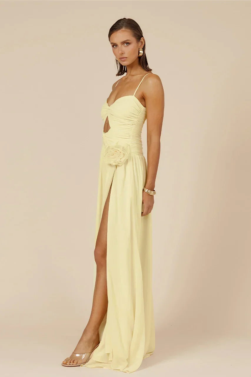 Chiffon Twist Front Cut Out Rosette High Split Maxi Dress 5