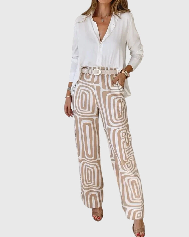 Long Sleeve Shirt and Geometric Print Wide Leg Pants Two Piece Set
