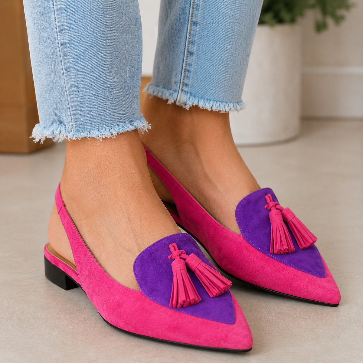 Pointed Toe Leopard Tassel Slingback Flats