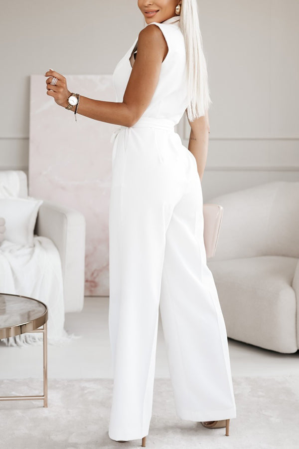 Lapel Collar Sleeveless Belted Wide Leg Formal Jumpsuit